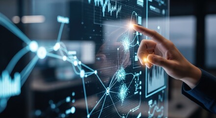 A closeup of a hand interacting with a futuristic holographic display showing complex data analytics and network connections