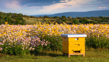 a serene yellow beehive surrounded by a field of blooming flowers