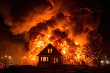 A house is engulfed in intense, bright orange flames at night, disaster scene. Use to illustrate danger, loss, or the destructive power of uncontrolled events.