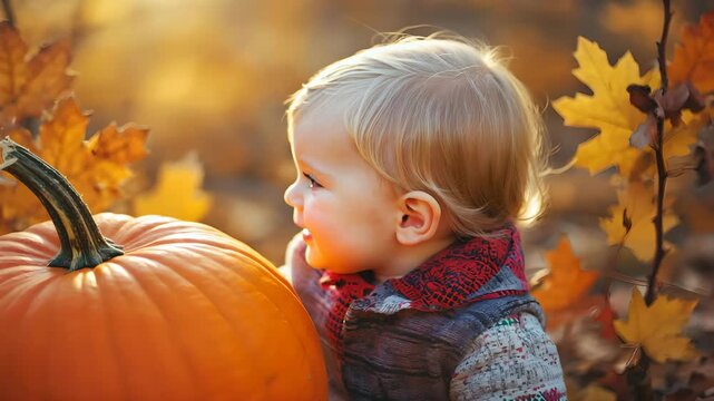 Smiling toddler with blue eyes sitting beside a pumpkin in autumn forest animated video with golden fall leaves joyful child outdoors seasonal stock footage