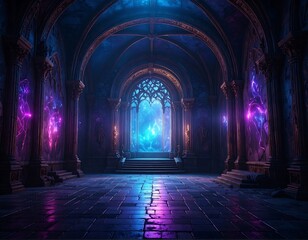 Fototapeta premium Dark, mystical, gothic hall. Neon glow