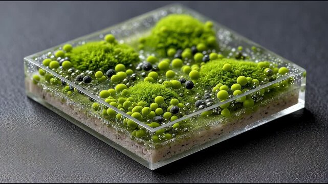 Artistic Display of Green Moss and Bubbles in Clear Resin, Showcasing Unique Textures and Natures Vibrant Beauty