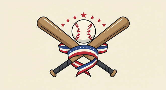 Patriotic Baseball Emblem Crossed Bats, Ball & Ribbon