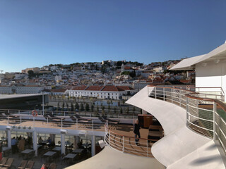 Luxury lounge furniture deck chairs on outdoor patio terrace balcony of deluxe cruiseship cruise...