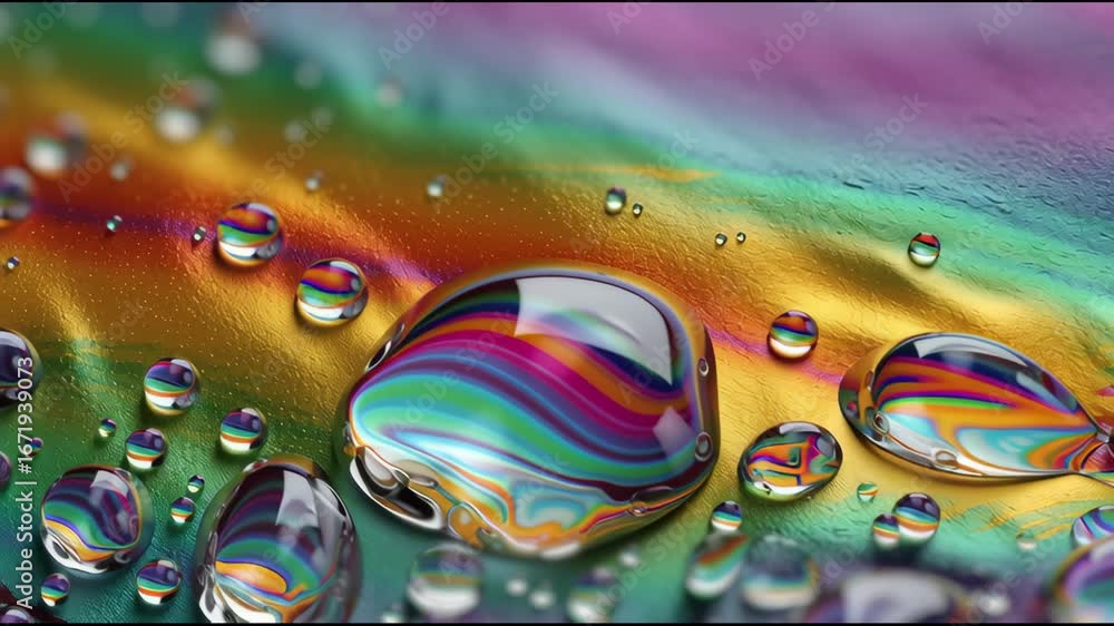 Poster colorful liquid droplets create mesmerizing reflections on vibrant surface, showcasing abstract patt