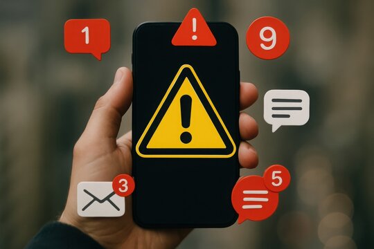Person holding smartphone with numerous urgent notification alerts and warning symbols indicating potential danger or alerts