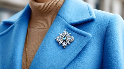Woman wearing blue coat with stylish snowflake brooch and gold necklace