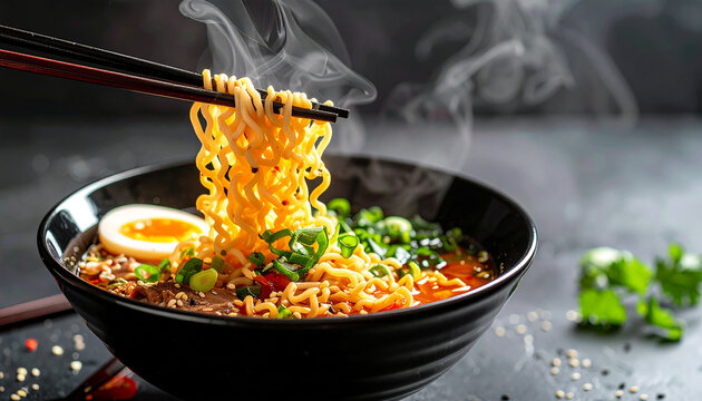 Bowl of steaming ramen with noodles lifted by chopsticks. Appetizing Asian food. Tasty meal.
