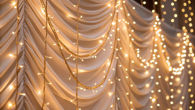Warm Golden String Lights Draped Over Creamy White Curtains fairy lights bokeh - Powered by Adobe