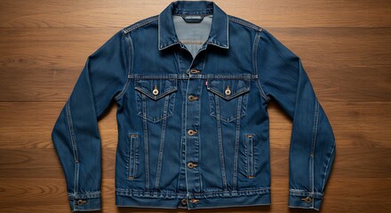 Classic Blue Denim Jacket with Two Front Pockets on a Wooden Surface