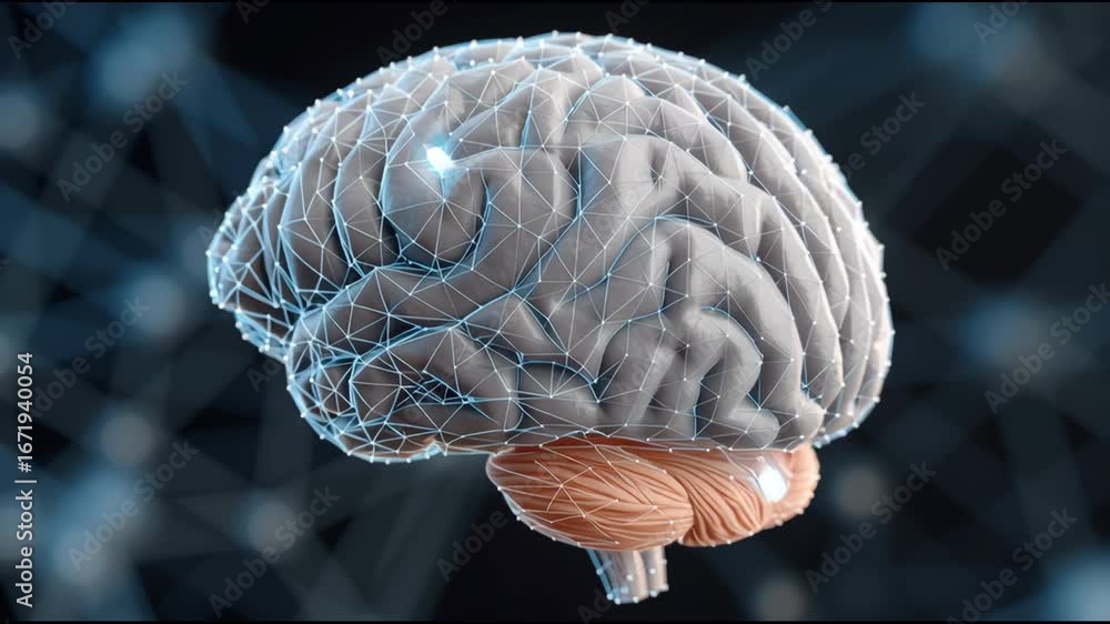 Poster digital brain model showcasing neural connections and holographic technology, representing advanced 