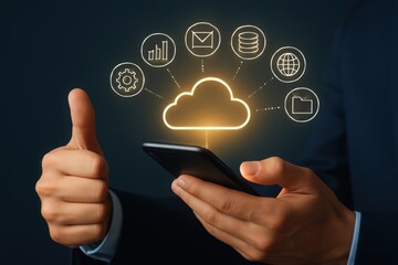 Businessman with smartphone and cloud technology icons showing digital transformation and data management