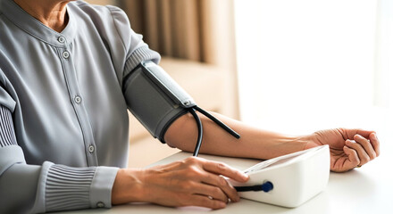 A close-up shot shows a person wearing a grey sweater with a blood pressure monitor cuff on their arm actively taking a reading Focus is on health monitoring and self-care