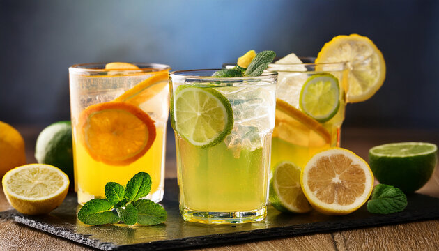 refreshing citrus drinks in glasses with lemon and lime slices - Powered by Adobe