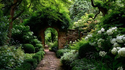 garden pathway beneath lush green archway of plants
