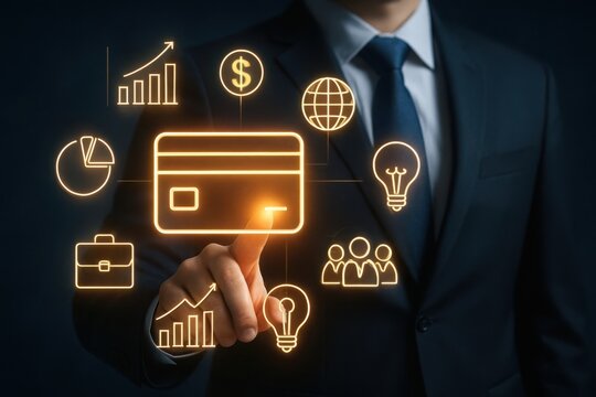 Businessman interacting with futuristic digital interface featuring financial icons and glowing credit card