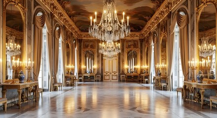 Obraz premium Vintage Palace Ballroom with Chandeliers and Velvet Curtains