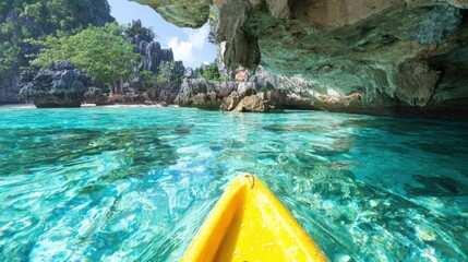 Serene Kayaking Adventure in Hidden Cave Lagoon with Turquoise Waters and Towering Limestone Cliffs