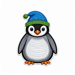 Obraz premium Cartoon Penguin with Knitted Blue Winter Hat with Pompon on a Clean White Background