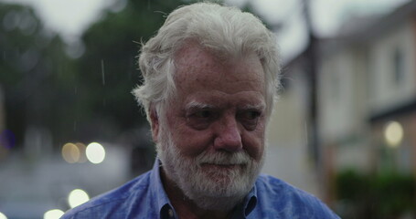 Elderly man showing bittersweet smile in rain, teary eyes and tender expression reflecting quiet...
