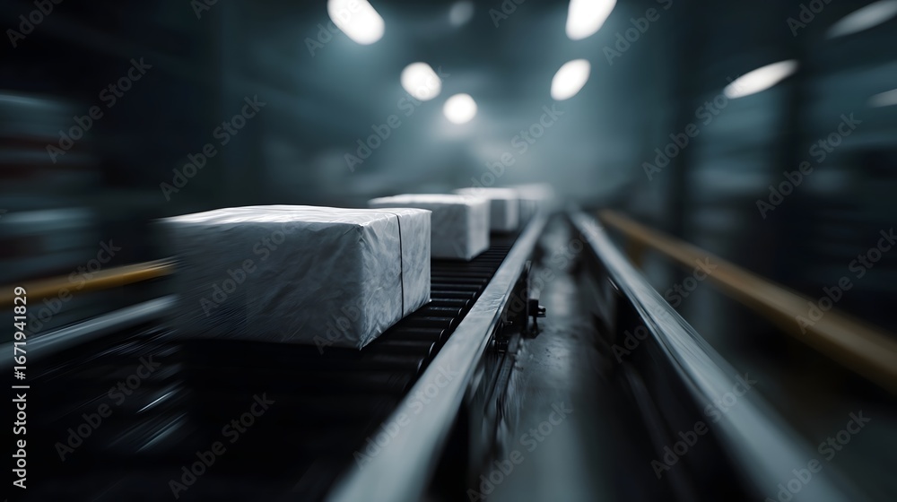 Poster automated assembly line with packaged goods moving rapidly