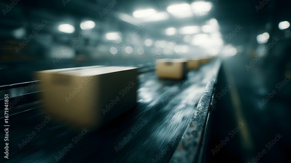 Poster packages moving quickly along an assembly line in a modern factory setting