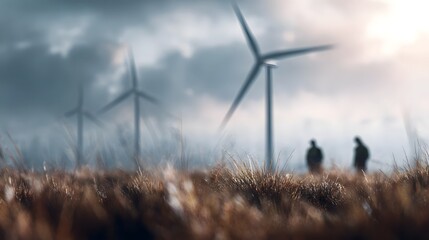Wind turbines turning in a remote field under an overcast sky
