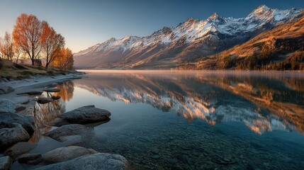 Majestic mountain range reflected in a calm lake during autumn with golden trees and clear blue sky