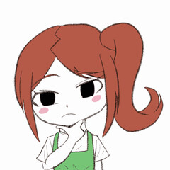 エプロンをつけた女の子が疑問に思っている