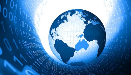 Digital world globe, binary code tunnel