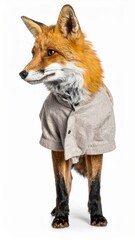 Fototapeta premium Cute Red Fox in a Grey Coat Standing on White Background in a Full Body Studio Shot