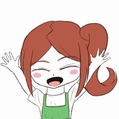 エプロンをつけた女の子が手を挙げて喜んでいる