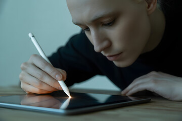 Close up of a man's focused face as he sketches digitally on a tablet with a stylus