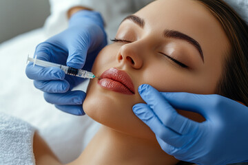 A medical professional applies a cosmetic filler to enhance the lips of a patient while she relaxes in a clinical setting