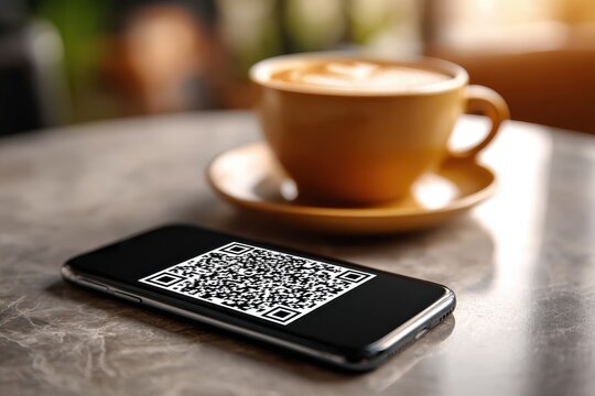 A smartphone displaying a QR code rests on a table, alongside a cup of coffee, in a cafe setting.
