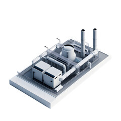 Power Plant Silhouette: An isometric perspective presents a sleek, modern power plant, its design emphasizing efficiency and technological advancement.