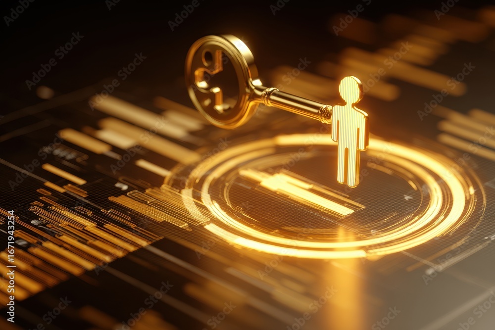 Poster golden icon with a key unlocks access on a luminous, futuristic digital interface.
