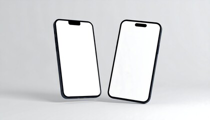Two smartphones, dark bezels, blank screens, slightly angled, on a light grey background