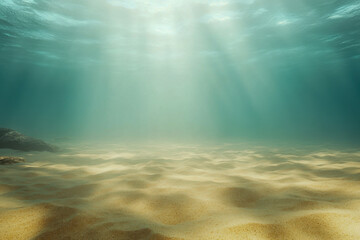 Fototapeta premium Soft rays of sunlight shine down through clear water, revealing the sandy ocean floor, creating a tranquil underwater atmosphere