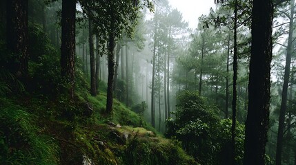 Obraz premium luxuriant green forest with soaring trees and delicate mist 