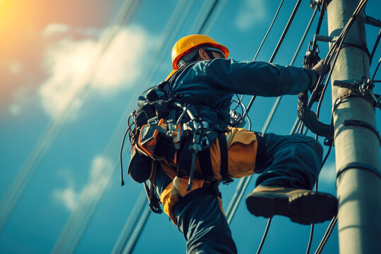 Worker in safety gear ascends utility pole on clear day to inspect and maintain electrical power lines for service reliability