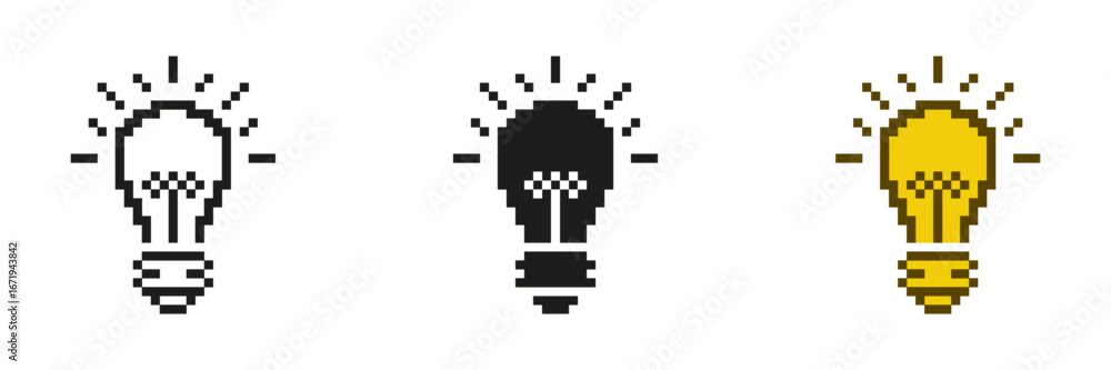 Poster lightbulb pixelated icon set. bright idea symbol of innovation and creativity in pixel art style. in