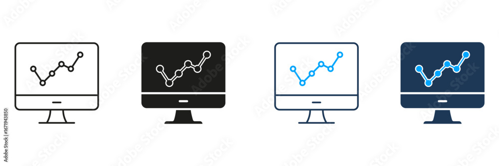 Aufkleber computer monitor with line graph line and solid icon set. data analysis, business growth, and perfor
