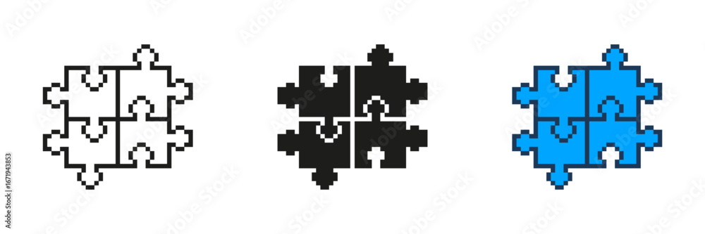 Aufkleber pixelated puzzle pieces icon set. symbol of connection and problem solving in pixel art style. colla