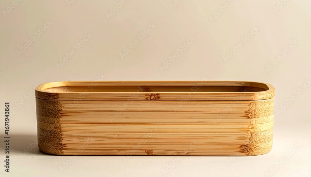 Poster rustic empty bamboo container box with natural wood texture on neutral background