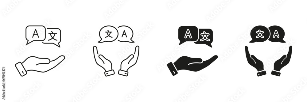 Poster hand offering language translation line and solid icon set. multilingual communication and translati