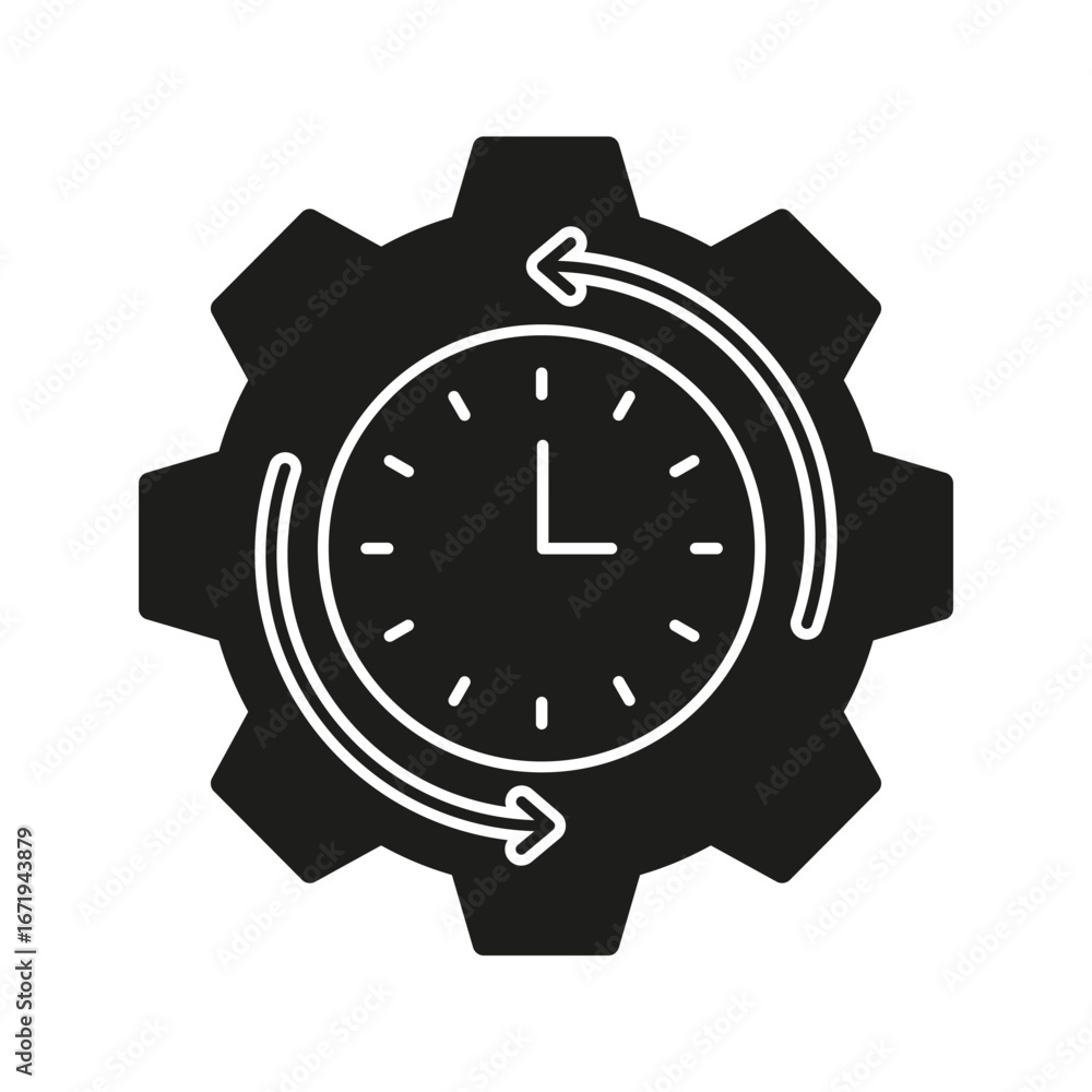 Poster clock with gear and arrows solid icon. time management, process optimization, and workflow efficienc