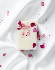 Elegant White Soap Bar Adorned with Pink Rose Petals on Textured White Fabric Background