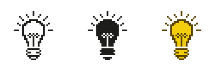 Lightbulb Pixelated Icon Set. Bright Idea Symbol Of Innovation and Creativity in Pixel Art Style. Inspiration and Creative Thought. Isolated Vector Illustration