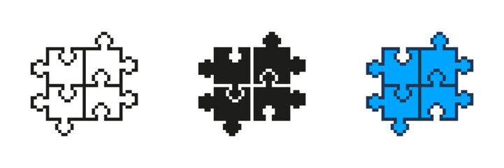 Pixelated Puzzle Pieces Icon Set. Symbol of Connection and Problem Solving in Pixel Art Style. Collaboration and Teamwork, Integration and Strategic. Isolated Vector Illustration
